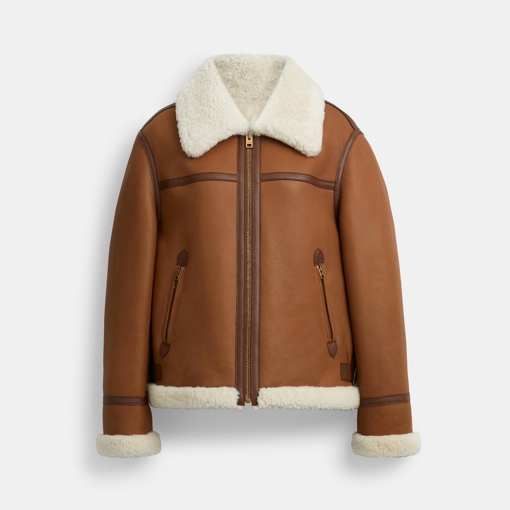 NWT Coach Shearling Aviator Ladies Size M Leather Jacket Tan Cream CU411
